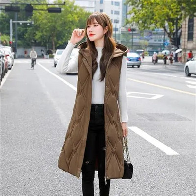 Vestă din bumbac pentru femei, toamnă iarnă, vestă cu glugă, vestă lungă, caldă, haină solidă, cu fermoar, fără mâneci, jachetă din bumbac, pentru femei, 4XL