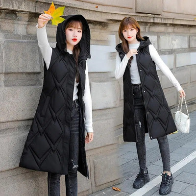 Vestă din bumbac pentru femei, toamnă iarnă, vestă cu glugă, vestă lungă, caldă, haină solidă, cu fermoar, fără mâneci, jachetă din bumbac, pentru femei, 4XL