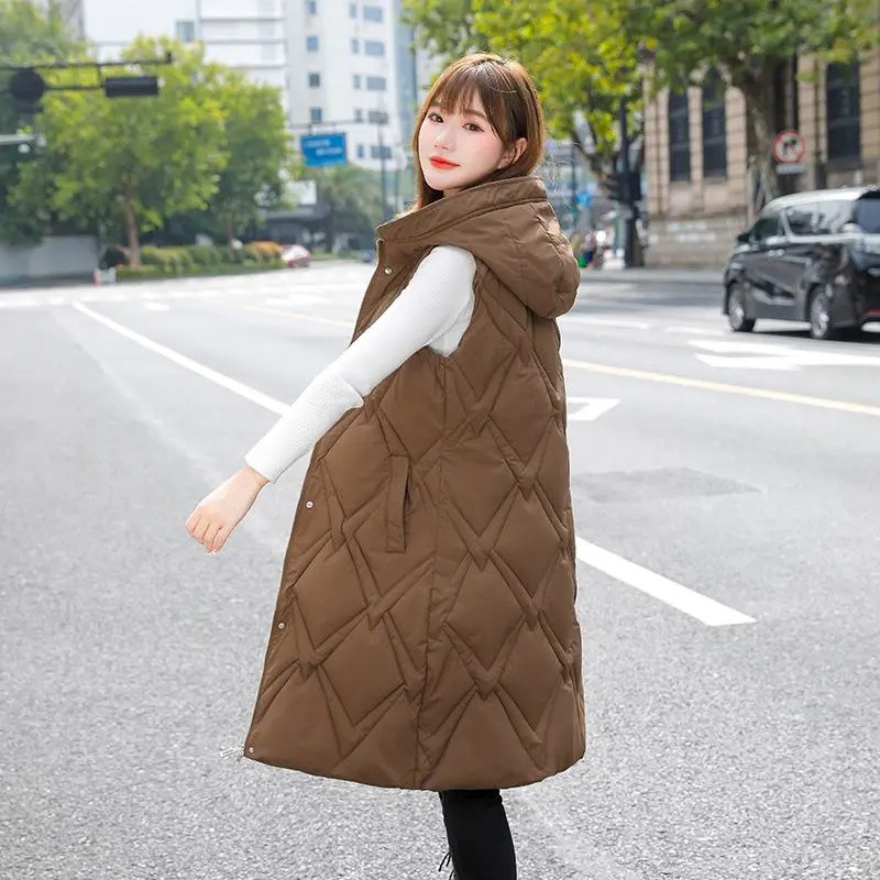 Vestă din bumbac pentru femei, toamnă iarnă, vestă cu glugă, vestă lungă, caldă, haină solidă, cu fermoar, fără mâneci, jachetă din bumbac, pentru femei, 4XL