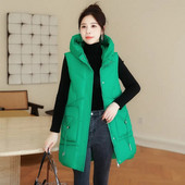 Vestă nouă pentru femei fără mâneci Jachetă lungă din puf, coreeană solidă, cu glugă, veste căptușită, vestă largi pentru femei, 2023, haină casual de iarnă pentru femei