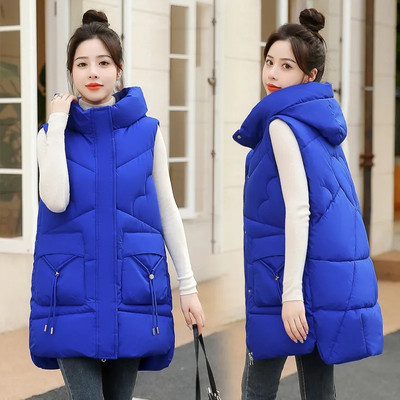 Vestă nouă pentru femei fără mâneci Jachetă lungă din puf, coreeană solidă, cu glugă, veste căptușită, vestă largi pentru femei, 2023, haină casual de iarnă pentru femei