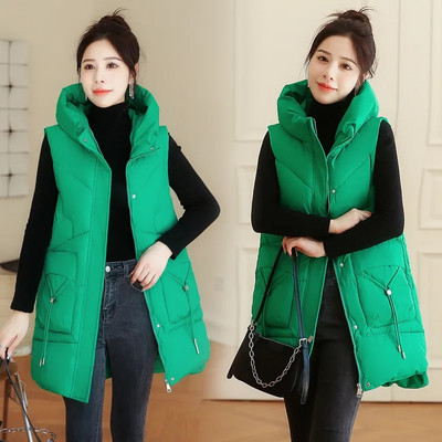 Vestă nouă pentru femei fără mâneci Jachetă lungă din puf, coreeană solidă, cu glugă, veste căptușită, vestă largi pentru femei, 2023, haină casual de iarnă pentru femei