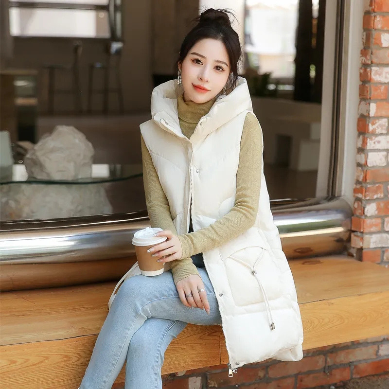 Vestă nouă pentru femei fără mâneci Jachetă lungă din puf, coreeană solidă, cu glugă, veste căptușită, vestă largi pentru femei, 2023, haină casual de iarnă pentru femei