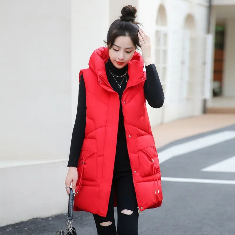 Vestă nouă pentru femei fără mâneci Jachetă lungă din puf, coreeană solidă, cu glugă, veste căptușită, vestă largi pentru femei, 2023, haină casual de iarnă pentru femei
