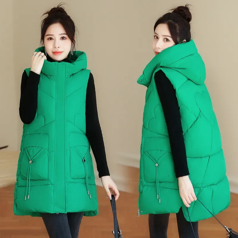 Vestă nouă pentru femei fără mâneci Jachetă lungă din puf, coreeană solidă, cu glugă, veste căptușită, vestă largi pentru femei, 2023, haină casual de iarnă pentru femei