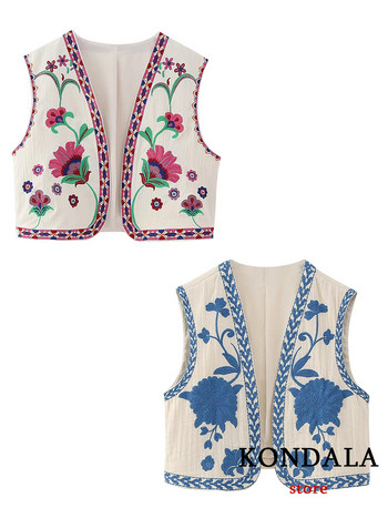 KONDALA Vintage γιλέκο κεντήματος λουλουδιών Μπουφάν Γυναικεία μόδα 2023 Summer V λαιμόκοψη πουκάμισα Ζακέτα Boho Loose Vest Γυναικεία μπλουζάκια