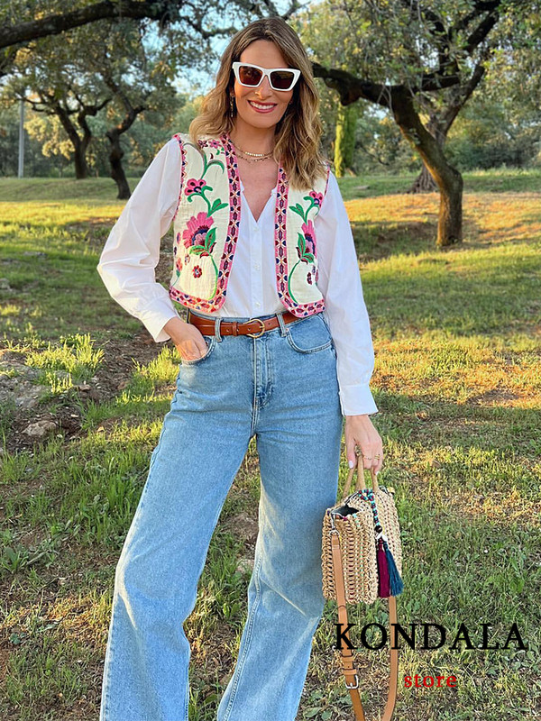 KONDALA vintage cu broderie de flori vestă jachete femei moda 2023 vara cardigan cu decolteu în V cămăși boho vestă largi Topuri feminine