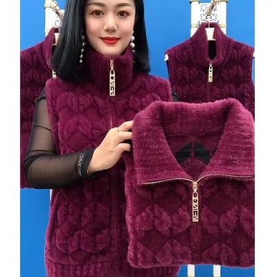 Toamnă Iarnă Imitație Mink Fleece Vest Femei Guler Polo Jachetă scurtă fără mâneci Vestă de femeie de vârstă mijlocie Îmbrăcăminte exterioară caldă