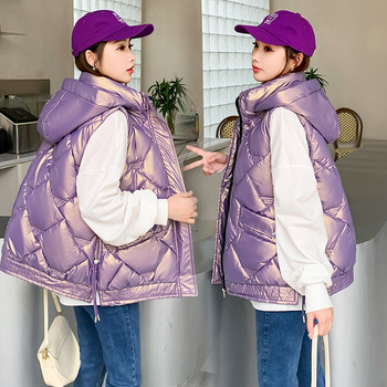 Γυναικείο γυαλιστερό βαμβακερό γιλέκο 2022 Νέο κορεατικό φαρδύ γιλέκο με κουκούλα Αμάνικο μπουφάν Γυναικείο γιλέκο Chaleco Mujer