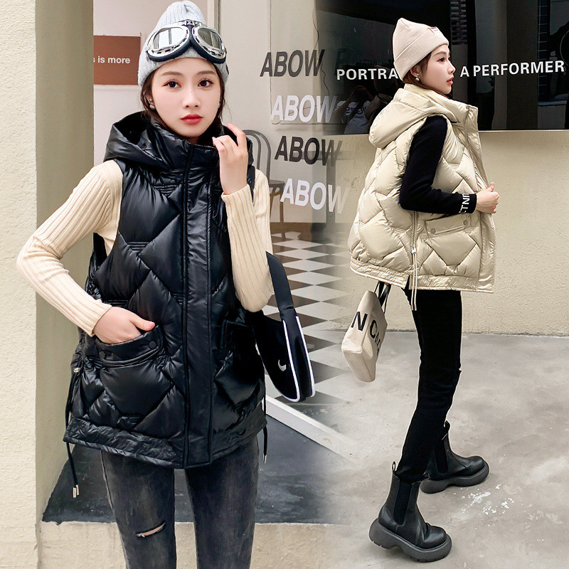 Vestă din bumbac lucioasă din puf pentru femei, 2022, îmbrăcăminte exterioară largi coreeană, vestă cu glugă, jachetă fără mâneci, vestă pentru femeie Chaleco Mujer