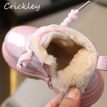 Зимни едноцветни модни ботуши за бебешки момичета Плюшени топли детски обувки с цип до глезена Лачени кожени противоплъзгащи детски ботуши за малки деца