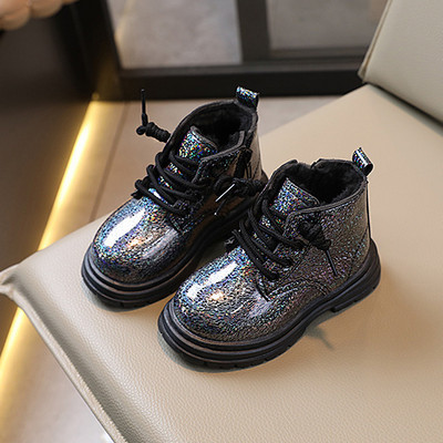 Zimske jednobojne modne čizme za djevojčice, plišane, tople dječje cipele s patentnim zatvaračem, lakirane kožne protuklizne dječje čizme