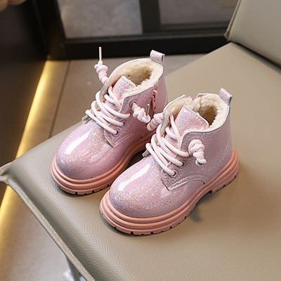 Zimske jednobojne modne čizme za djevojčice, plišane, tople dječje cipele s patentnim zatvaračem, lakirane kožne protuklizne dječje čizme