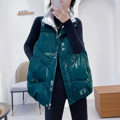 Moteriška rudens, žiemos blizgus spausdinimas pūkinė medvilninė liemenė, 2023 m. nauja striukė be rankovių Korėjietiška moteriška liemenė Studentų medvilninė liemenė