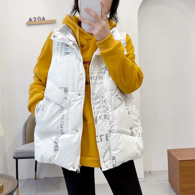 Moteriška rudens, žiemos blizgus spausdinimas pūkinė medvilninė liemenė, 2023 m. nauja striukė be rankovių Korėjietiška moteriška liemenė Studentų medvilninė liemenė