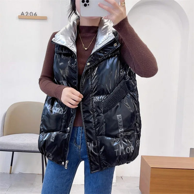 Moteriška rudens, žiemos blizgus spausdinimas pūkinė medvilninė liemenė, 2023 m. nauja striukė be rankovių Korėjietiška moteriška liemenė Studentų medvilninė liemenė