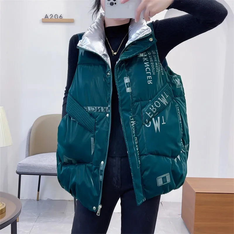 Moteriška rudens, žiemos blizgus spausdinimas pūkinė medvilninė liemenė, 2023 m. nauja striukė be rankovių Korėjietiška moteriška liemenė Studentų medvilninė liemenė