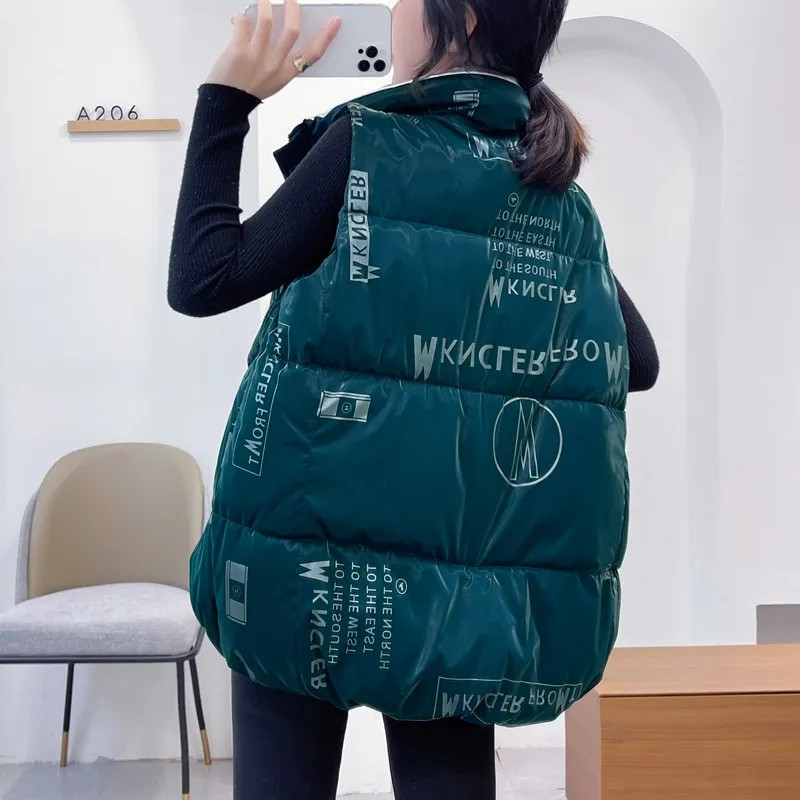 Moteriška rudens, žiemos blizgus spausdinimas pūkinė medvilninė liemenė, 2023 m. nauja striukė be rankovių Korėjietiška moteriška liemenė Studentų medvilninė liemenė