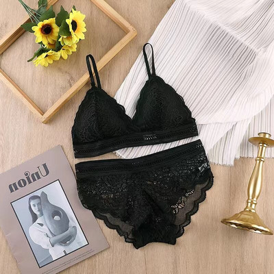 Ženski čipkasti grudnjak Komplet donjeg rublja Bežični grudnjak i čipkaste gaćice 1 odijelo Crno Crveno Besplatna veličina Seksi Push-up Mekana moda s ventilacijom