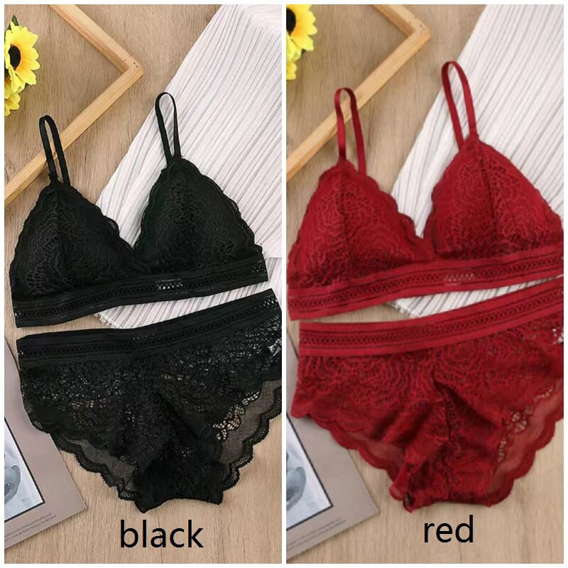 Ženski čipkasti grudnjak Komplet donjeg rublja Bežični grudnjak i čipkaste gaćice 1 odijelo Crno Crveno Besplatna veličina Seksi Push-up Mekana moda s ventilacijom