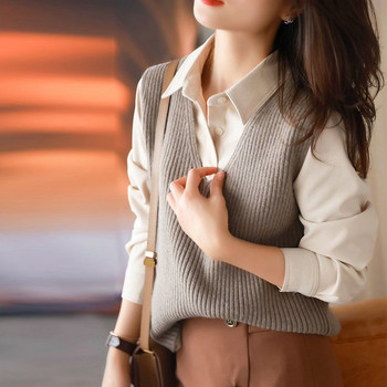 2023 Νέο vintage ρετρό αμάνικο σχέδιο γυναικεία πλεκτά με άνοιξη V λαιμόκοψη Βασικές μπλούζες Γυναικείο γιλέκο πουλόβερ Classic Korean Solid H56