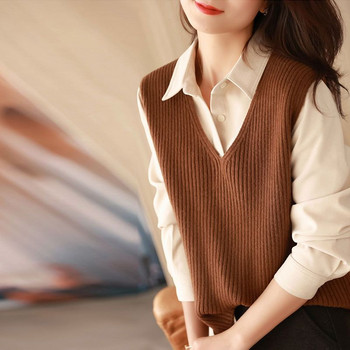 2023 Νέο vintage ρετρό αμάνικο σχέδιο γυναικεία πλεκτά με άνοιξη V λαιμόκοψη Βασικές μπλούζες Γυναικείο γιλέκο πουλόβερ Classic Korean Solid H56
