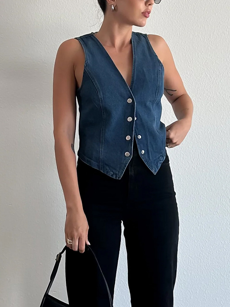 Vestă de blugi fără mâneci pentru femei, cu decolteu în V, cu nasturi, vestă de jeans, cu buzunare, ocazional, vintage, de denim, îmbrăcăminte de stradă