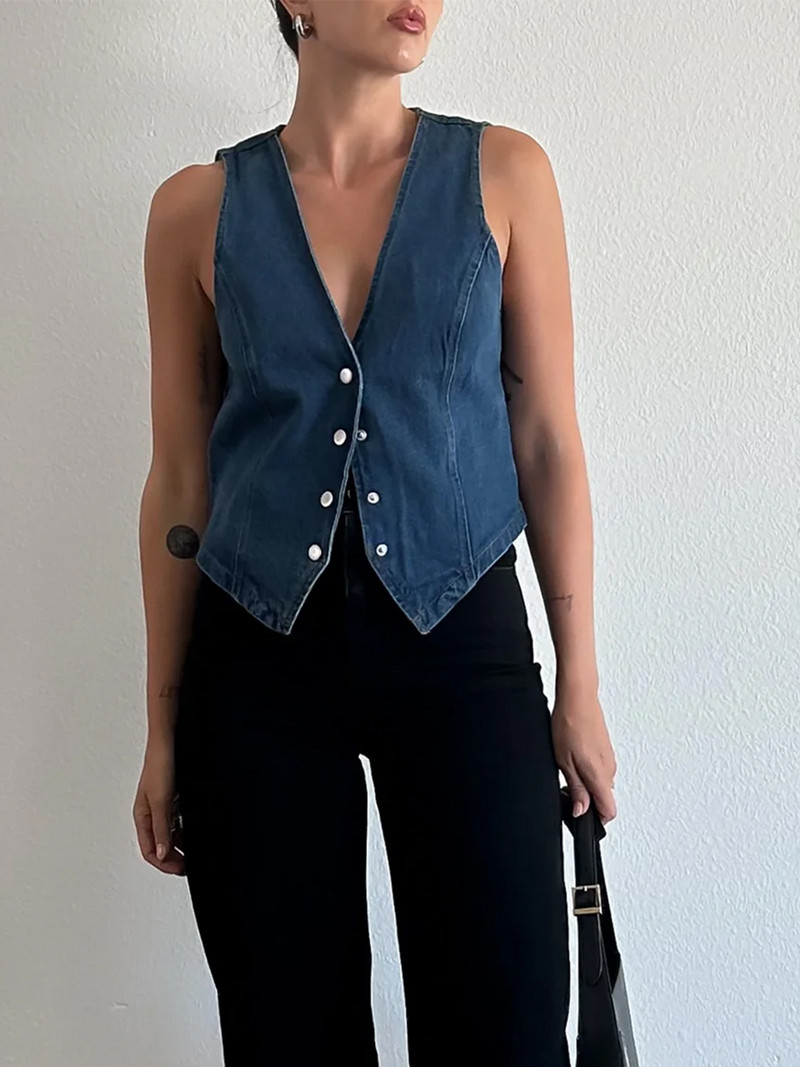 Vestă de blugi fără mâneci pentru femei, cu decolteu în V, cu nasturi, vestă de jeans, cu buzunare, ocazional, vintage, de denim, îmbrăcăminte de stradă