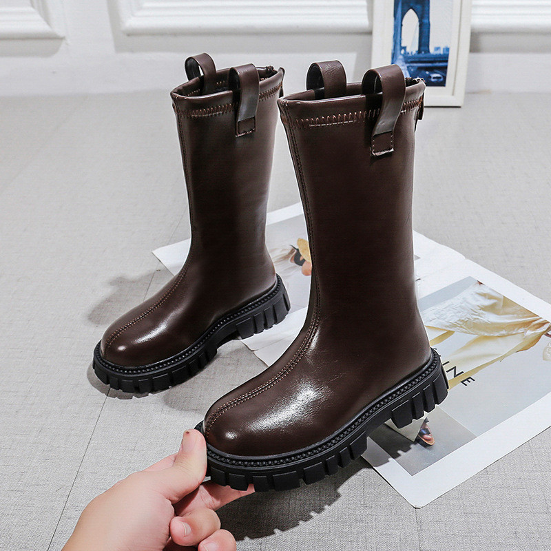 Cizme înalte pentru fete Fermoar din spate 2023 Nou Casual Anti-alunecare Moda copii Pantofi pentru copii PU Negru Bej Subțire Bumbac Coreeană