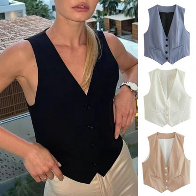 Vestă fără mâneci cu decolteu în V pentru femei de vară, cu un singur piept, buzunare mici, slim fit, culoare solidă, vestă decupată, haină la un singur piept