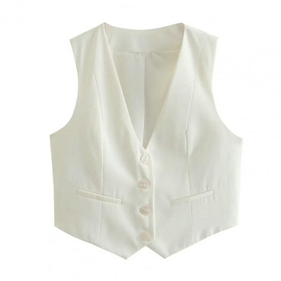 Vestă fără mâneci cu decolteu în V pentru femei de vară, cu un singur piept, buzunare mici, slim fit, culoare solidă, vestă decupată, haină la un singur piept