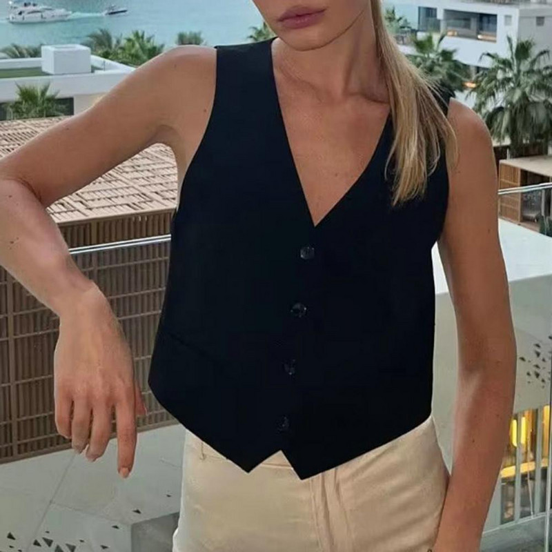 Vestă fără mâneci cu decolteu în V pentru femei de vară, cu un singur piept, buzunare mici, slim fit, culoare solidă, vestă decupată, haină la un singur piept