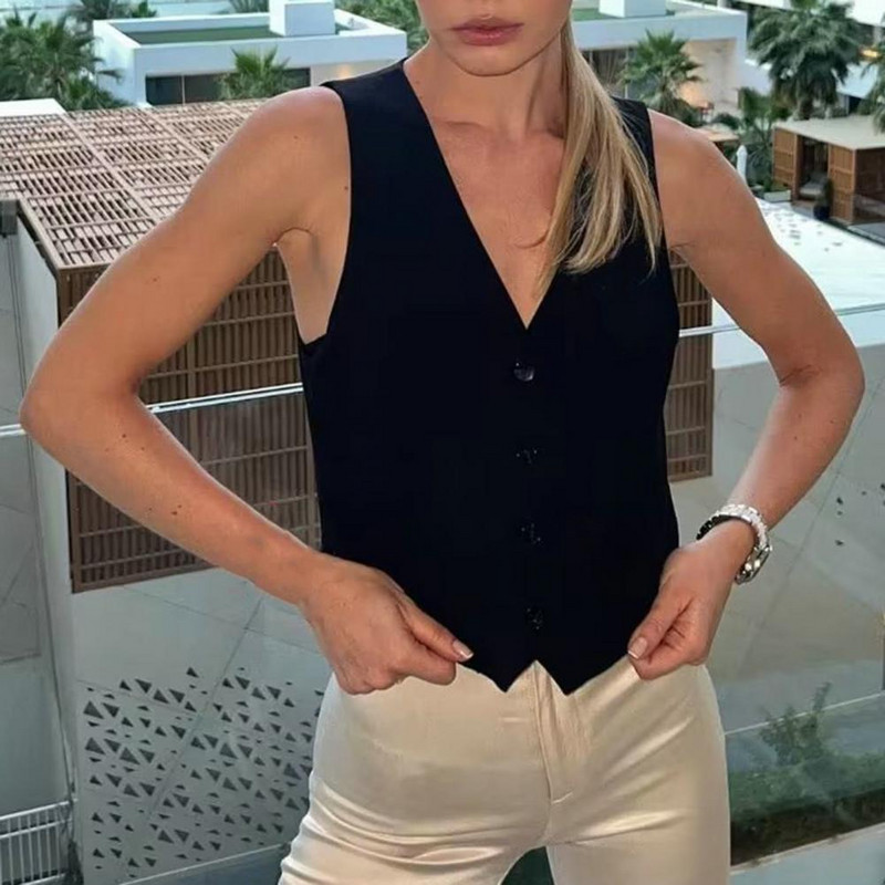 Vestă fără mâneci cu decolteu în V pentru femei de vară, cu un singur piept, buzunare mici, slim fit, culoare solidă, vestă decupată, haină la un singur piept
