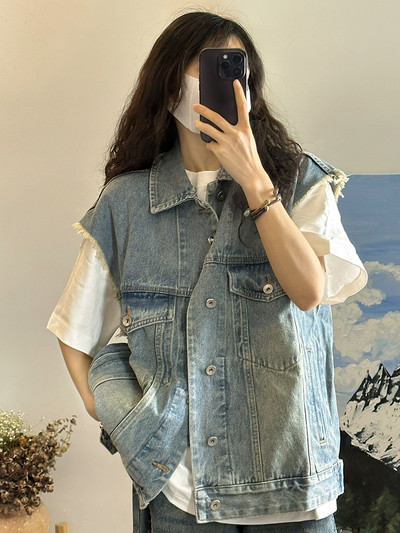 Ulična odjeća Y2k traper prsluci Jednobojni prošivi Bez rukava Raw Edge Design Kaputi Raznolike Harajuku Vintage Raznolike jakne