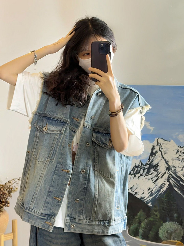 Ulična odjeća Y2k traper prsluci Jednobojni prošivi Bez rukava Raw Edge Design Kaputi Raznolike Harajuku Vintage Raznolike jakne