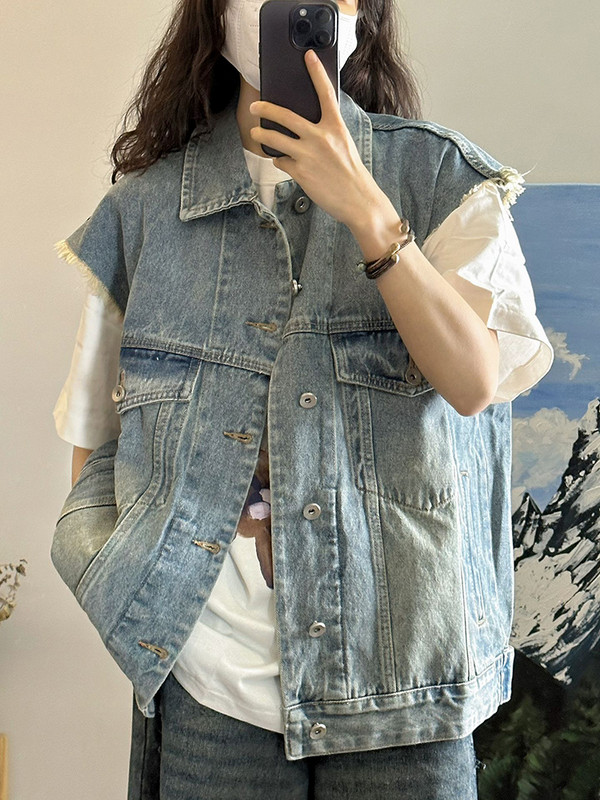 Ulična odjeća Y2k traper prsluci Jednobojni prošivi Bez rukava Raw Edge Design Kaputi Raznolike Harajuku Vintage Raznolike jakne