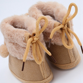 Зимни плюс кадифени снежни ботуши за бебе Топли ботуши Обувки за момиченца Обувки с помпон Мека подметка Обувки за ходене на закрито