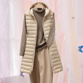 Γυναικείο θερμικό πουπουλένιο παλτό μακρύ γιλέκο Κομψό γυναικείο χειμερινό γιλέκο με επένδυση με κουκούλα Μεσαίου μήκους Ζεστό ελαφρύ για το κρύο