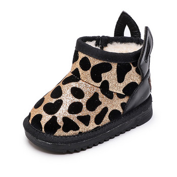 11,5-15 cm Бебешки момчета Момичета Bling Leopard снежни ботуши, сладки ушички Gold Sivler Топли зимни боти до глезена с плюш, зимни обувки