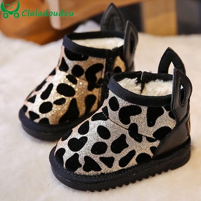 11,5-15 cm Baby Boys Girls Bling Leopard hócsizma,aranyos fülű,arany Sivler tipegő meleg téli bokacsizma plüsssel,téli cipő