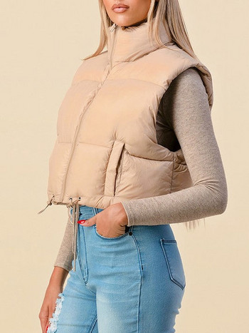 Μονόχρωμο γυναικείο γιλέκο με αμάνικο φερμουάρ Crop Puffer Gilet Χειμερινό ζεστό καπιτονέ πανωφόρι έξω από ρούχα Streetwear