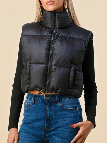 Μονόχρωμο γυναικείο γιλέκο με αμάνικο φερμουάρ Crop Puffer Gilet Χειμερινό ζεστό καπιτονέ πανωφόρι έξω από ρούχα Streetwear