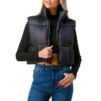 Vestă căptușită de culoare uni pentru femei, fără mâneci, cu fermoar, pufă, haină caldă de iarnă, îmbrăcăminte de stradă