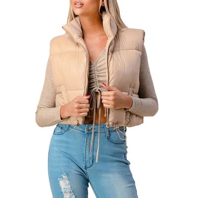 Vestă căptușită de culoare uni pentru femei, fără mâneci, cu fermoar, pufă, haină caldă de iarnă, îmbrăcăminte de stradă