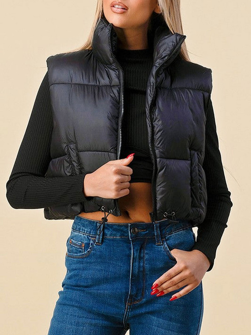 Vestă căptușită de culoare uni pentru femei, fără mâneci, cu fermoar, pufă, haină caldă de iarnă, îmbrăcăminte de stradă