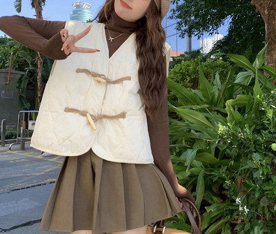 Palton din bumbac cu nasturi din corn de vacă Mantouri cu top pentru femei Toamna și iarna 2023 Călduș fără mâneci Pliabil Purtând vestă largi