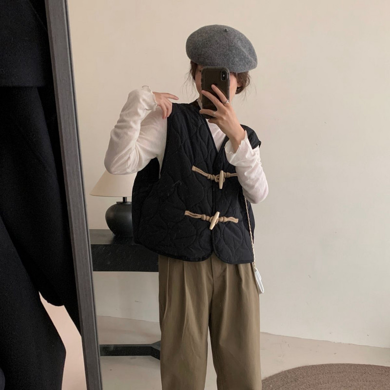 Palton din bumbac cu nasturi din corn de vacă Mantouri cu top pentru femei Toamna și iarna 2023 Călduș fără mâneci Pliabil Purtând vestă largi