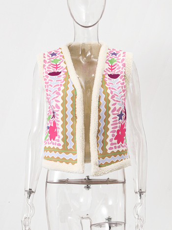 Γυναικείο γιλέκο εκτύπωσης από ψεύτικη γούνα Φθινοπωρινό Χειμερινό αμάνικο Κομψό ζεστό κοντό γιλέκο ζακέτα 2023 Casual Floral Streetwear Jackets