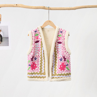 Prsluk s printom od umjetnog krzna Ženska jesen zima Elegantni topli kratki kardigan prsluci bez rukava 2023. Ležerne ulične jakne s cvjetnim uzorkom