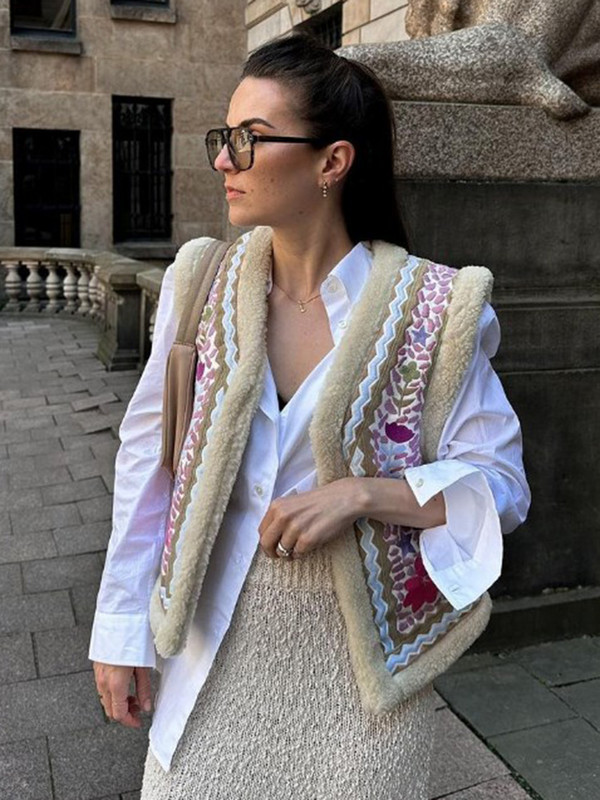 Prsluk s printom od umjetnog krzna Ženska jesen zima Elegantni topli kratki kardigan prsluci bez rukava 2023. Ležerne ulične jakne s cvjetnim uzorkom